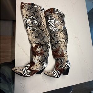 Snakeskin and Zebra Print Knee-High Boots